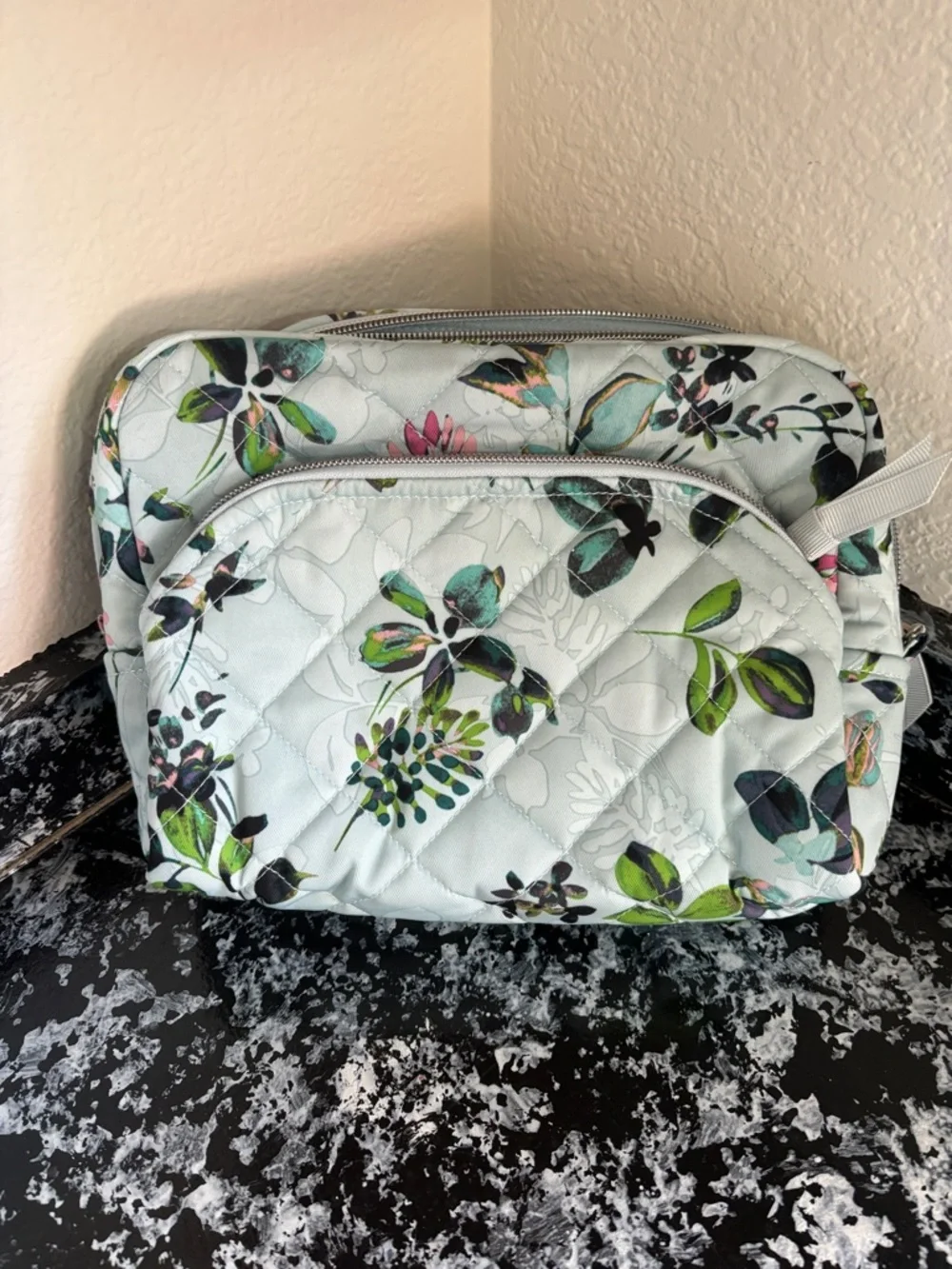 Vera Bradley Quilted Floral Cosmetic Bag in Light Blue with Green Accents